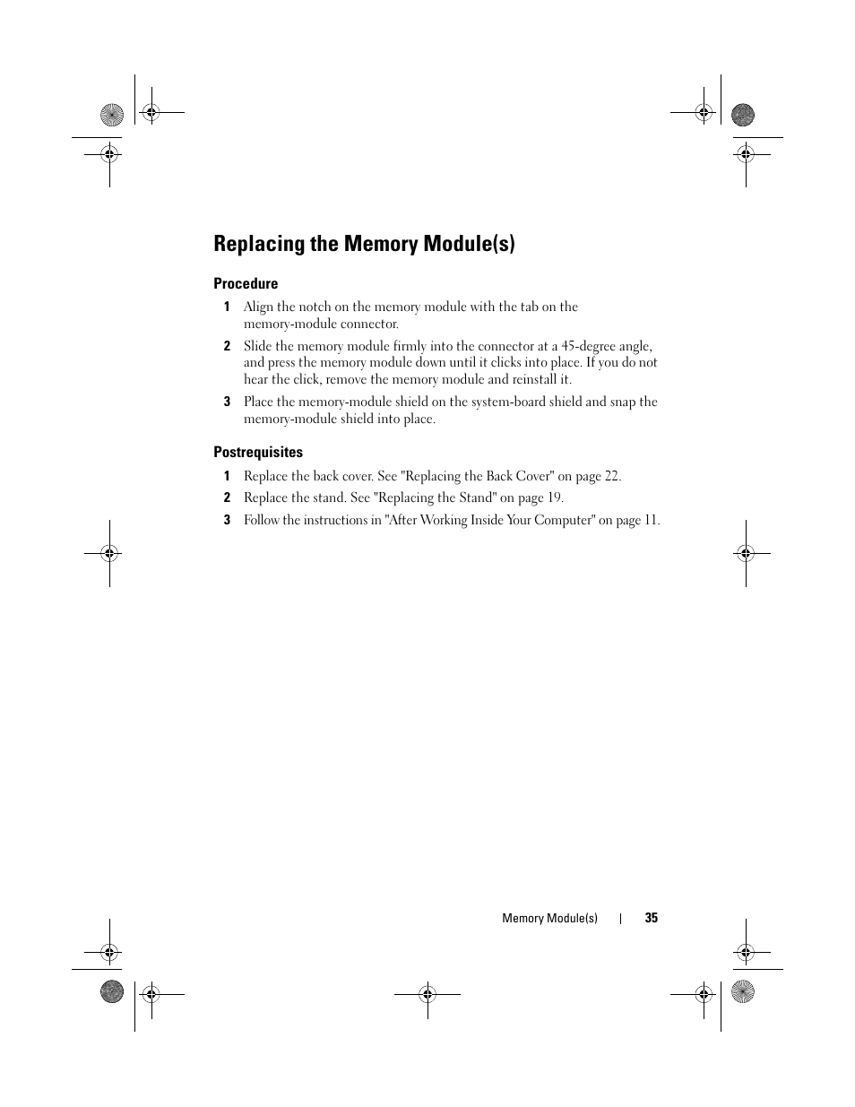 Replacing the memory module(s), Procedure, Postrequisites | Dell Inspiron One 2330 (Mid 2012) User Manual | Page 35 / 140
