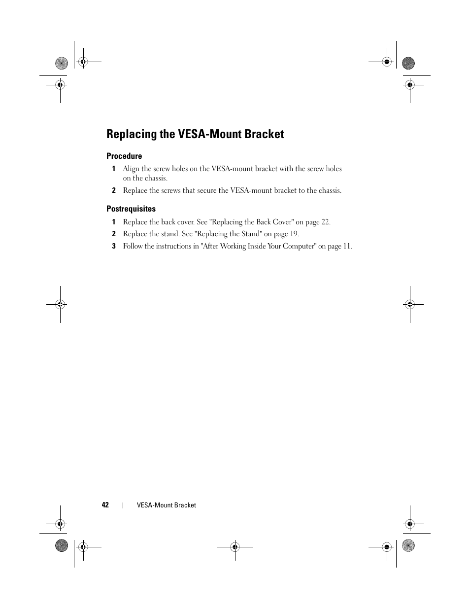 Replacing the vesa-mount bracket, Procedure, Postrequisites | Dell Inspiron One 2330 (Mid 2012) User Manual | Page 42 / 140