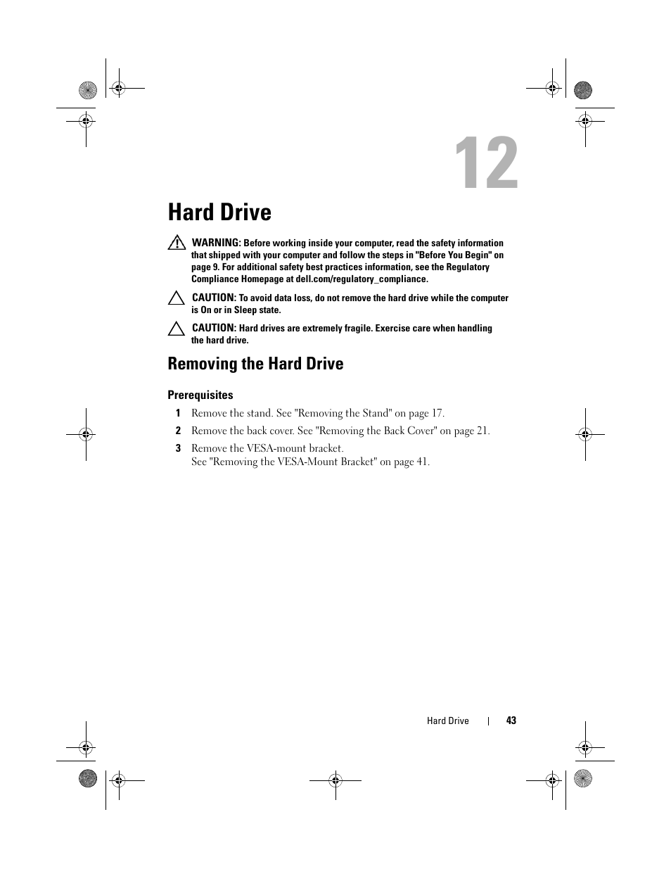 Hard drive, Removing the hard drive, Prerequisites | Dell Inspiron One 2330 (Mid 2012) User Manual | Page 43 / 140