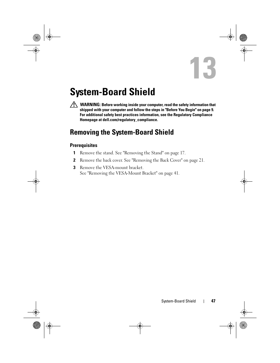 System-board shield, Removing the system-board shield, Prerequisites | Dell Inspiron One 2330 (Mid 2012) User Manual | Page 47 / 140