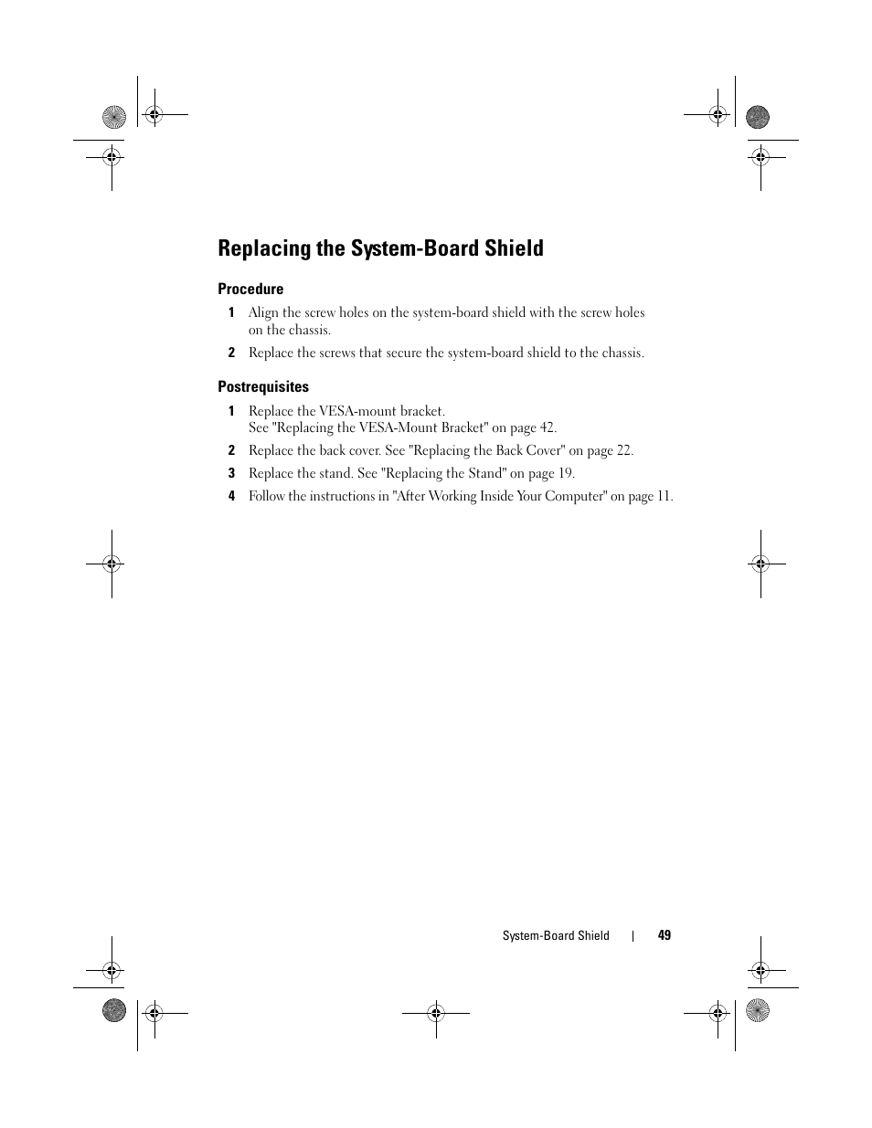 Replacing the system-board shield, Procedure, Postrequisites | Dell Inspiron One 2330 (Mid 2012) User Manual | Page 49 / 140