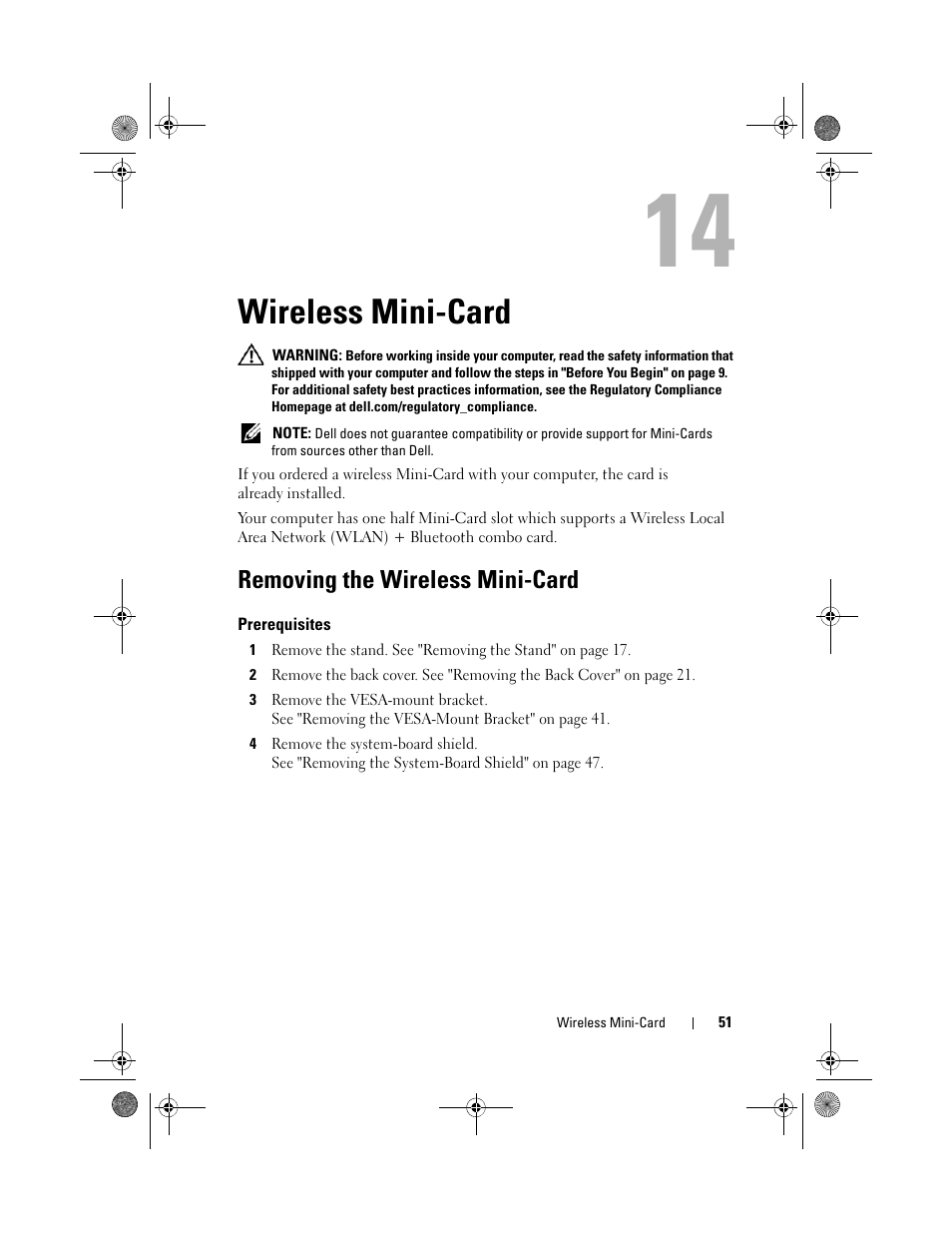 Wireless mini-card, Removing the wireless mini-card, Prerequisites | Dell Inspiron One 2330 (Mid 2012) User Manual | Page 51 / 140