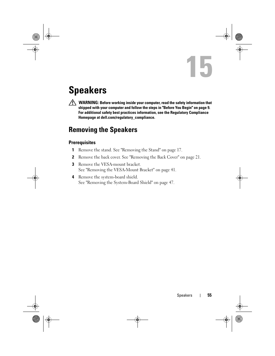 Speakers, Removing the speakers, Prerequisites | Dell Inspiron One 2330 (Mid 2012) User Manual | Page 55 / 140