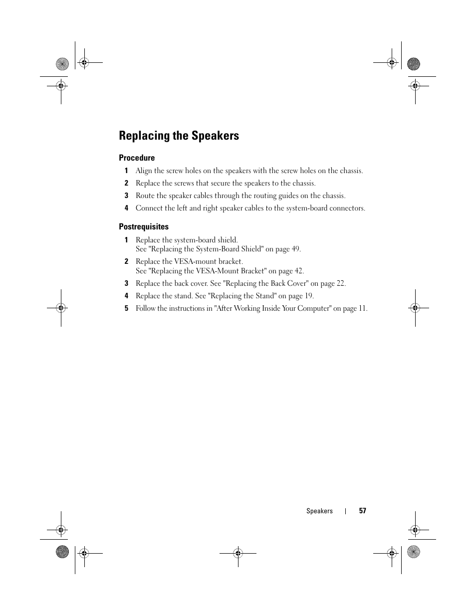 Replacing the speakers, Procedure, Postrequisites | Dell Inspiron One 2330 (Mid 2012) User Manual | Page 57 / 140