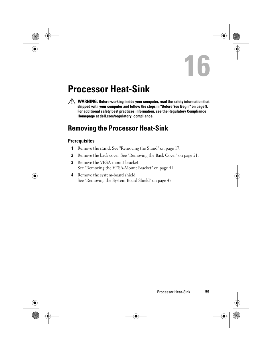 Processor heat-sink, Removing the processor heat-sink, Prerequisites | Dell Inspiron One 2330 (Mid 2012) User Manual | Page 59 / 140