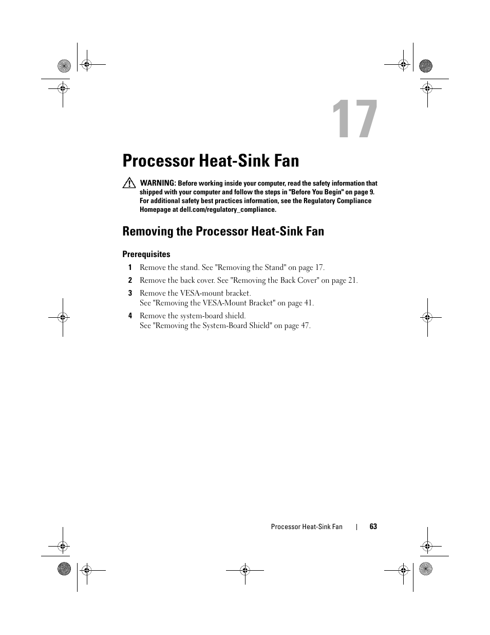 Processor heat-sink fan, Removing the processor heat-sink fan, Prerequisites | Dell Inspiron One 2330 (Mid 2012) User Manual | Page 63 / 140