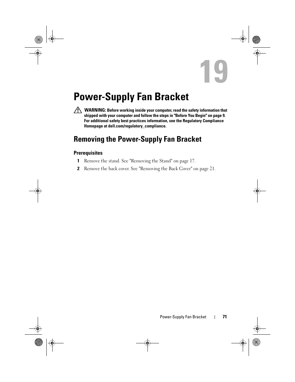 Power-supply fan bracket, Removing the power-supply fan bracket, Prerequisites | Dell Inspiron One 2330 (Mid 2012) User Manual | Page 71 / 140