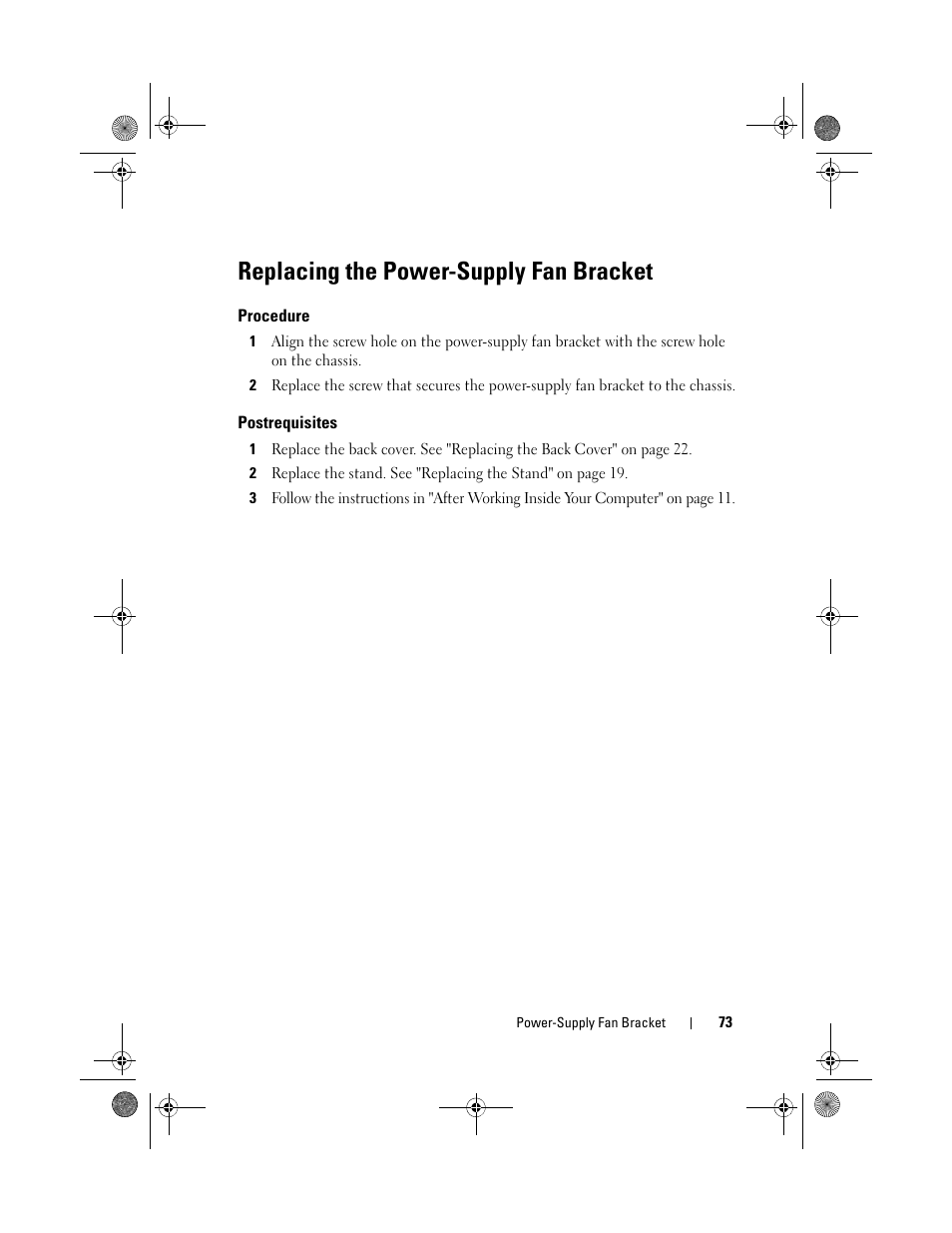 Replacing the power-supply fan bracket, Procedure, Postrequisites | Dell Inspiron One 2330 (Mid 2012) User Manual | Page 73 / 140