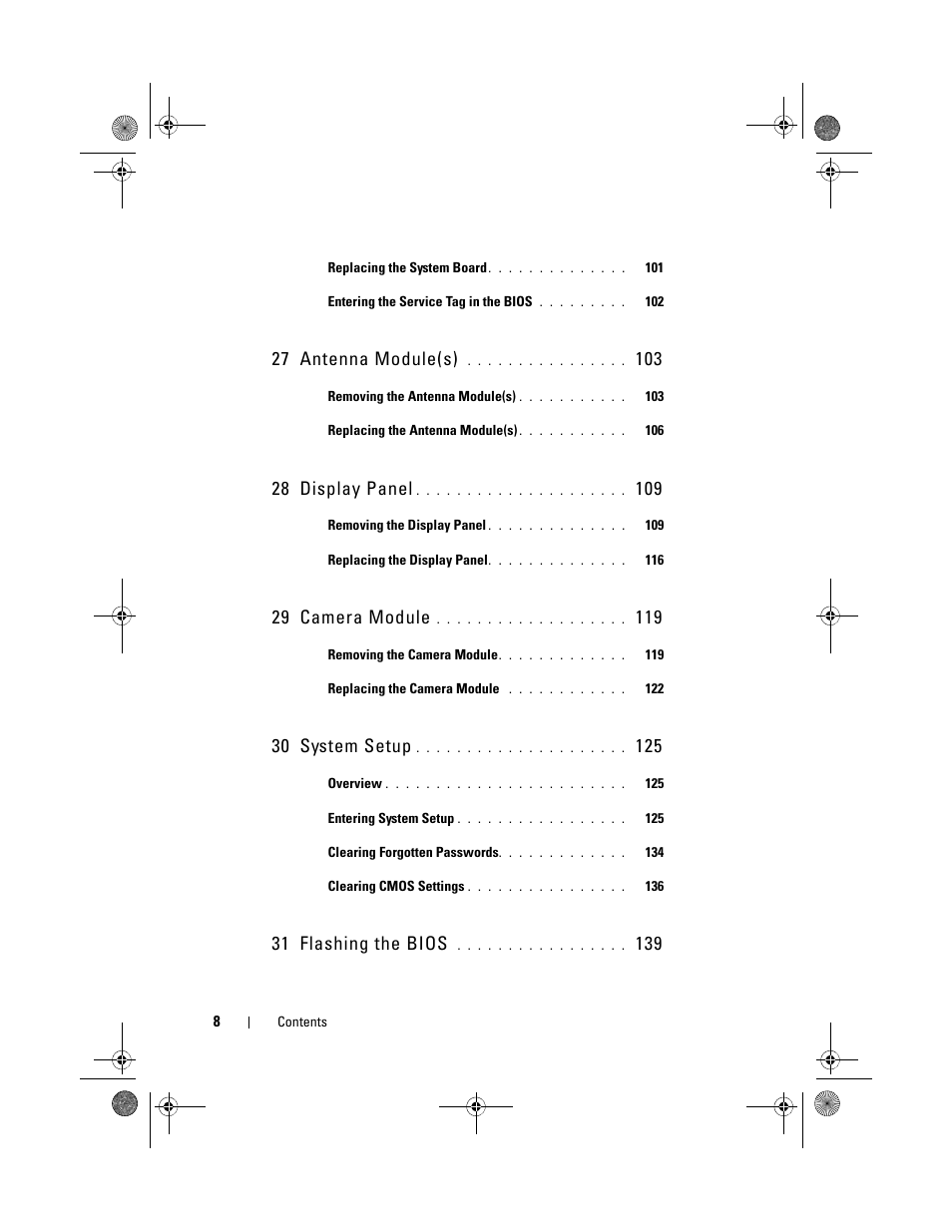 27 antenna module(s), 28 display panel, 29 camera module | 30 system setup, 31 flashing the bios | Dell Inspiron One 2330 (Mid 2012) User Manual | Page 8 / 140