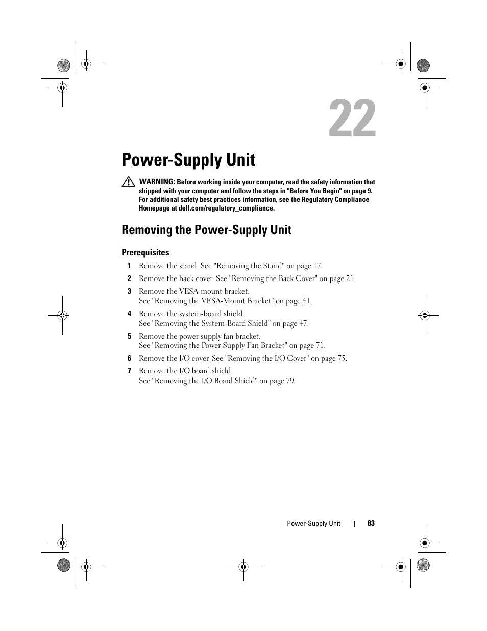 Power-supply unit, Removing the power-supply unit, Prerequisites | Dell Inspiron One 2330 (Mid 2012) User Manual | Page 83 / 140