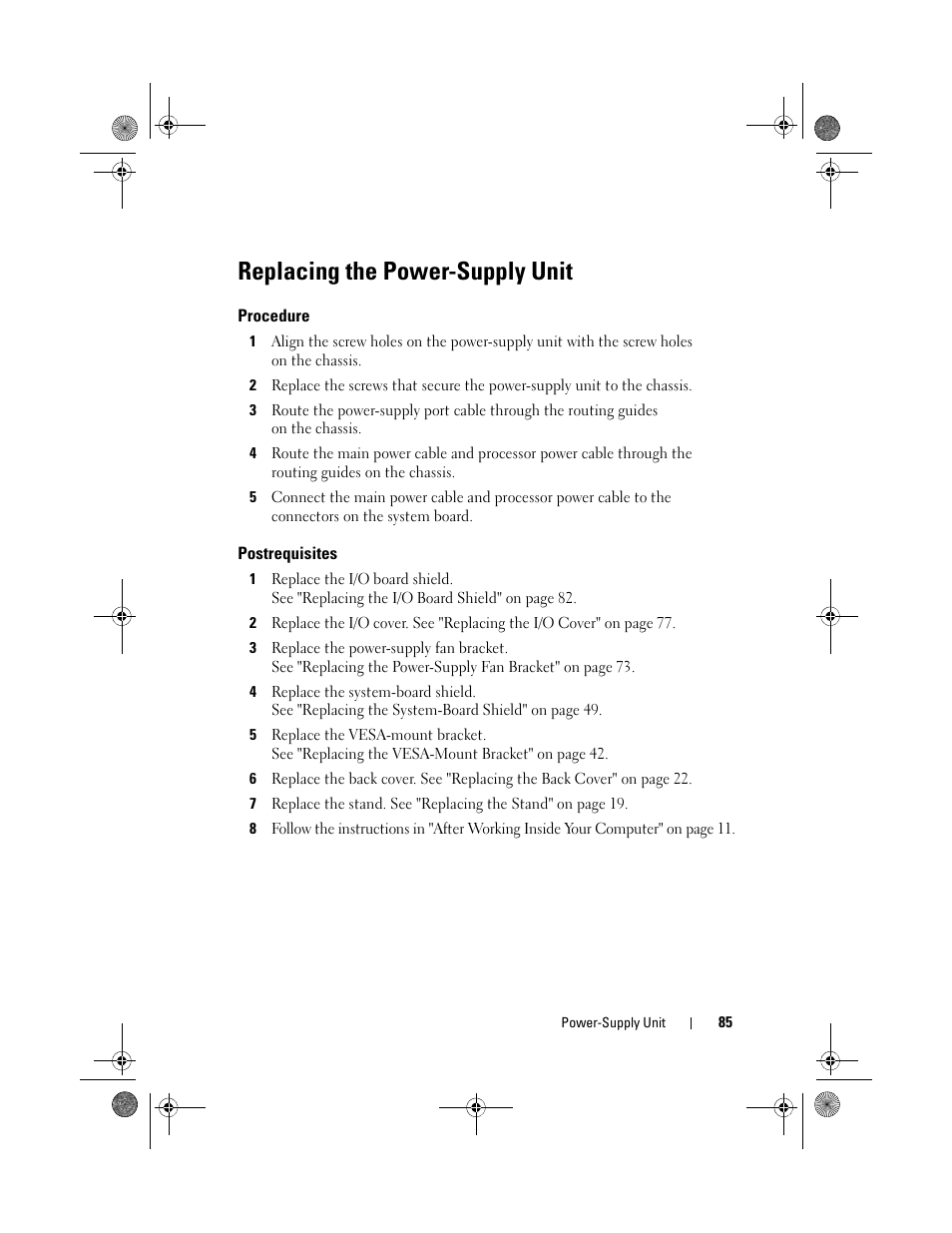 Replacing the power-supply unit, Procedure, Postrequisites | Dell Inspiron One 2330 (Mid 2012) User Manual | Page 85 / 140