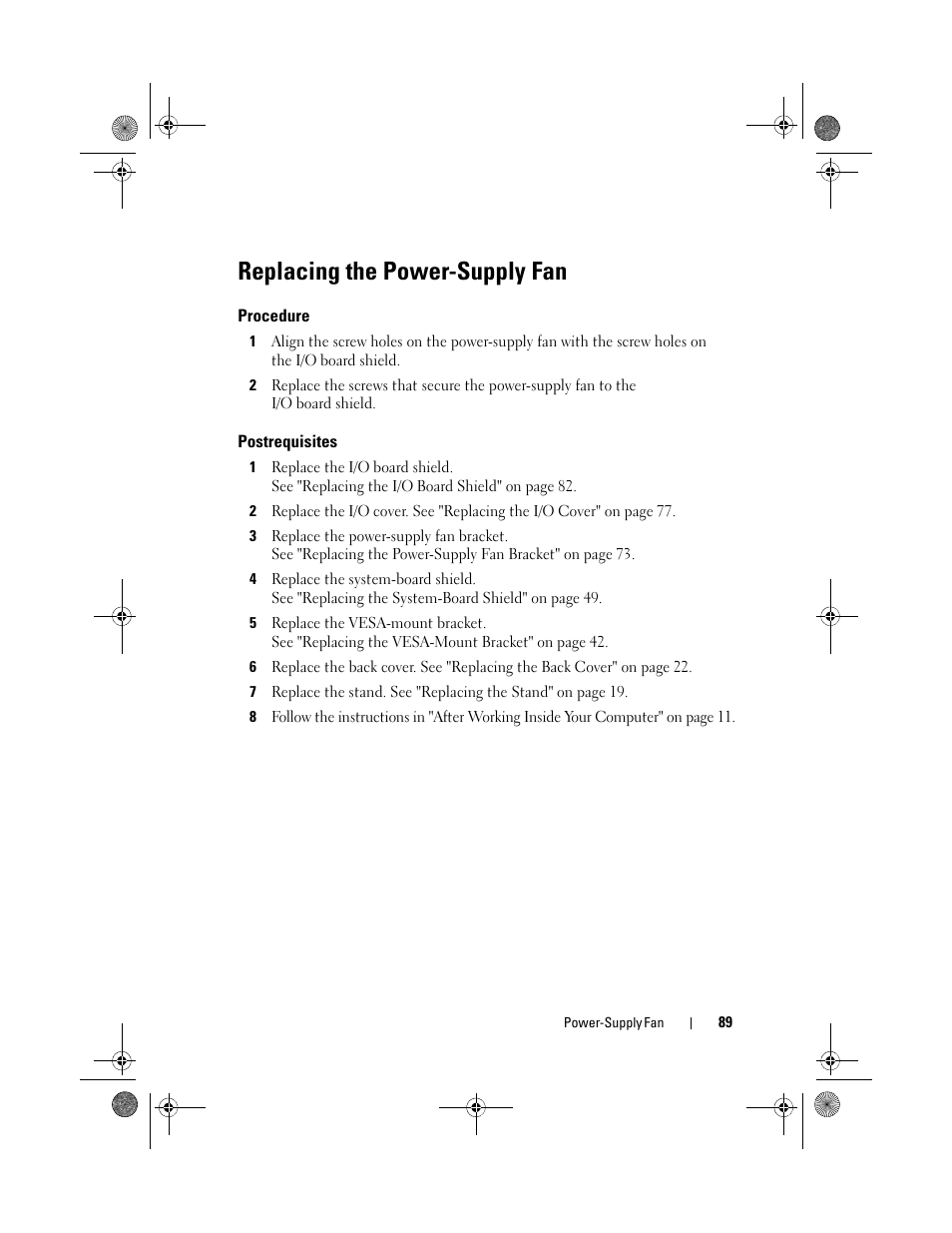 Replacing the power-supply fan, Procedure, Postrequisites | Dell Inspiron One 2330 (Mid 2012) User Manual | Page 89 / 140