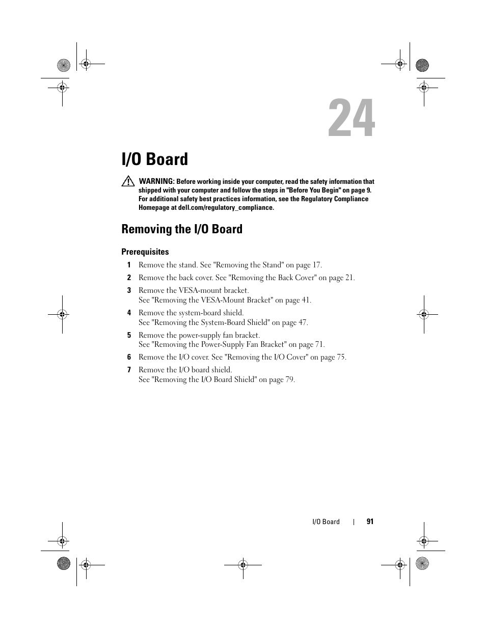 I/o board, Removing the i/o board, Prerequisites | Dell Inspiron One 2330 (Mid 2012) User Manual | Page 91 / 140
