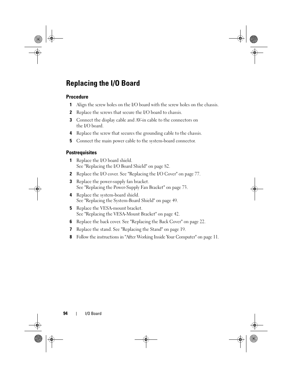 Replacing the i/o board, Procedure, Postrequisites | Dell Inspiron One 2330 (Mid 2012) User Manual | Page 94 / 140
