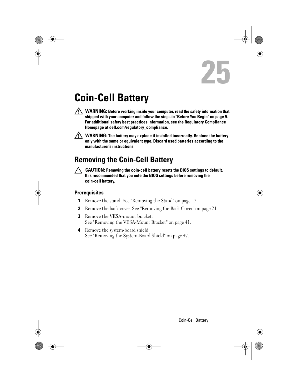 Coin-cell battery, Removing the coin-cell battery, Prerequisites | Dell Inspiron One 2330 (Mid 2012) User Manual | Page 95 / 140