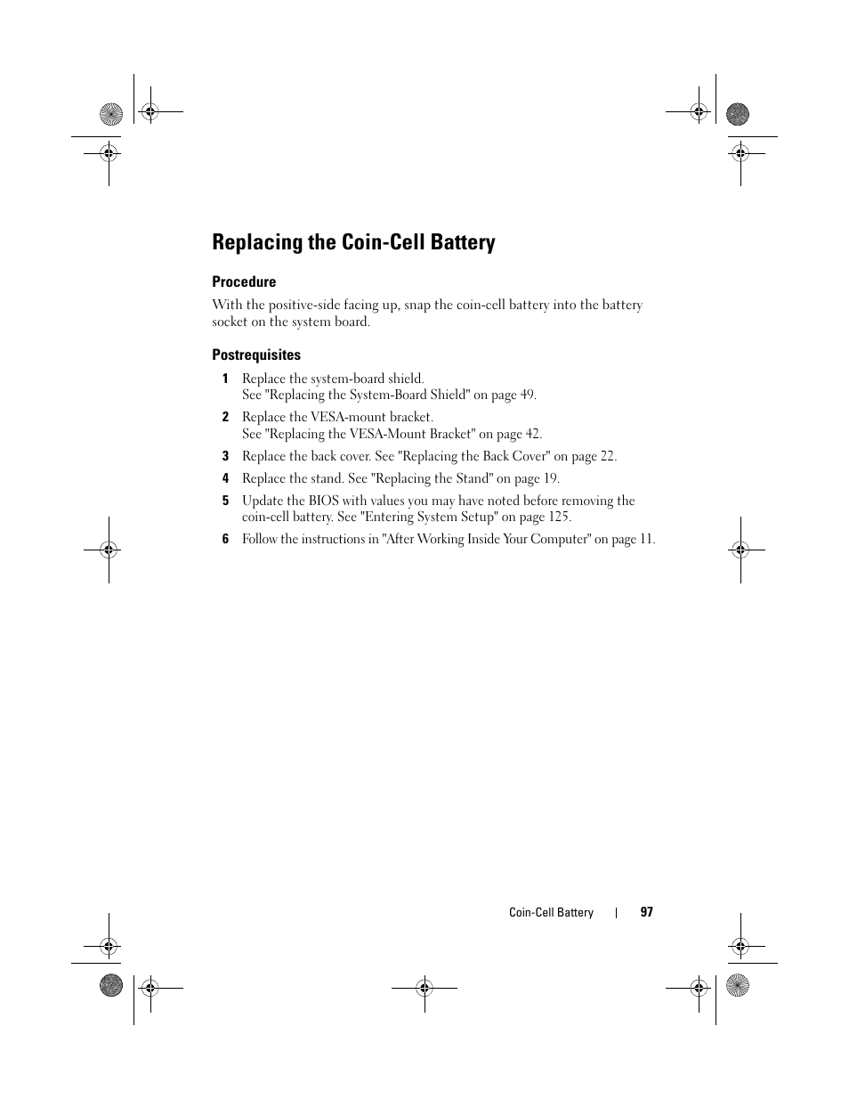 Replacing the coin-cell battery, Procedure, Postrequisites | Dell Inspiron One 2330 (Mid 2012) User Manual | Page 97 / 140