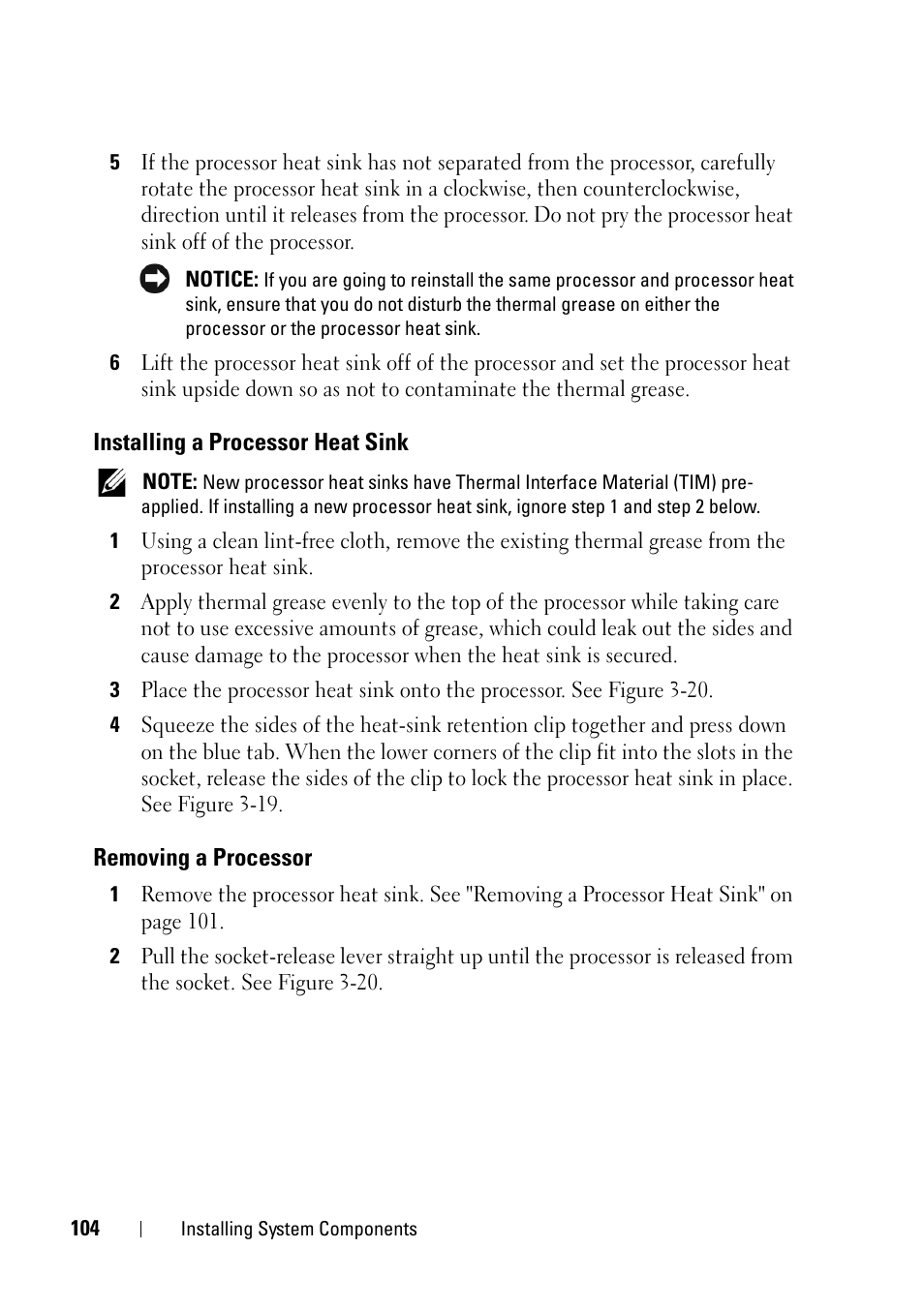 Installing a processor heat sink, Removing a processor | Dell PowerEdge R900 User Manual | Page 104 / 190