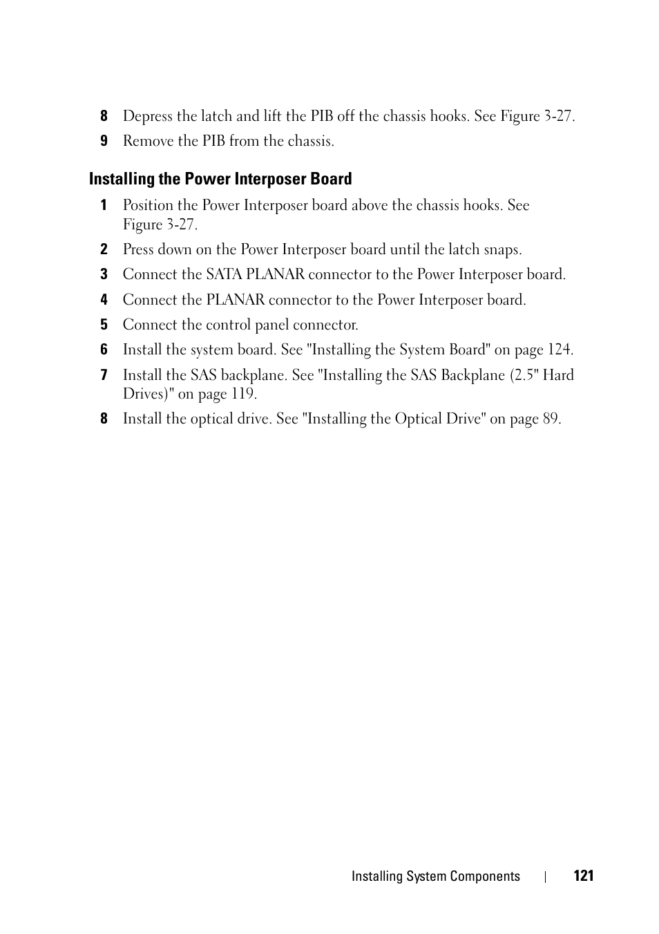 Installing the power interposer board | Dell PowerEdge R900 User Manual | Page 121 / 190
