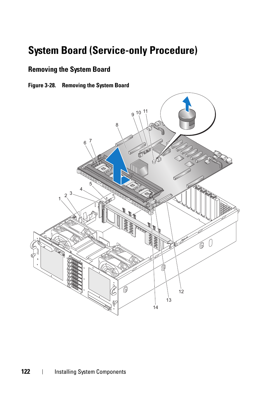 System board (service-only procedure), Removing the system board | Dell PowerEdge R900 User Manual | Page 122 / 190