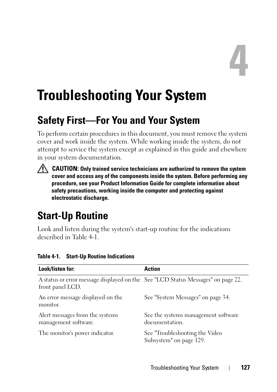 Troubleshooting your system, Safety first-for you and your system, Start-up routine | Safety first—for you and your system | Dell PowerEdge R900 User Manual | Page 127 / 190