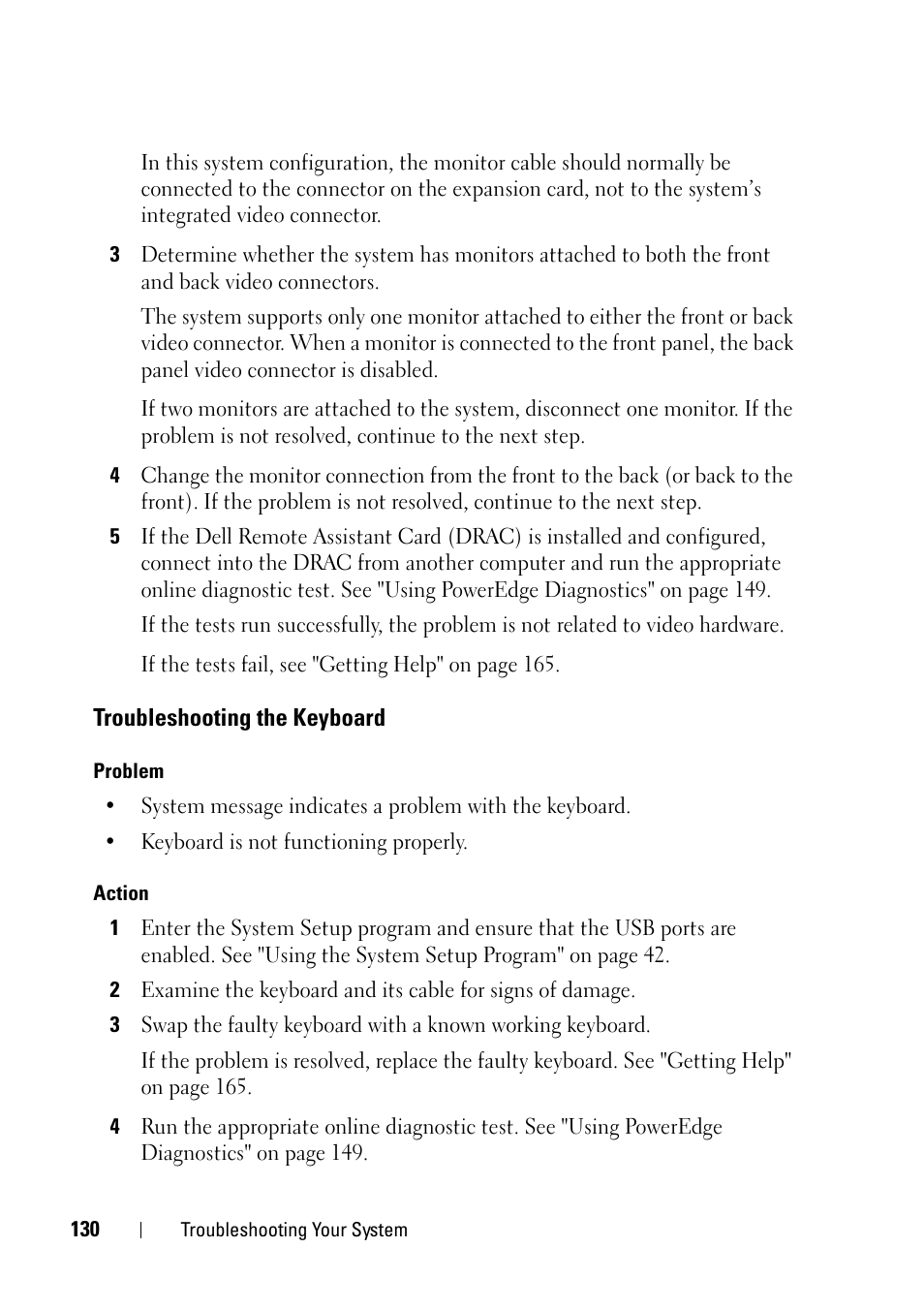 Troubleshooting the keyboard, Troubleshooting the keyboard" on | Dell PowerEdge R900 User Manual | Page 130 / 190