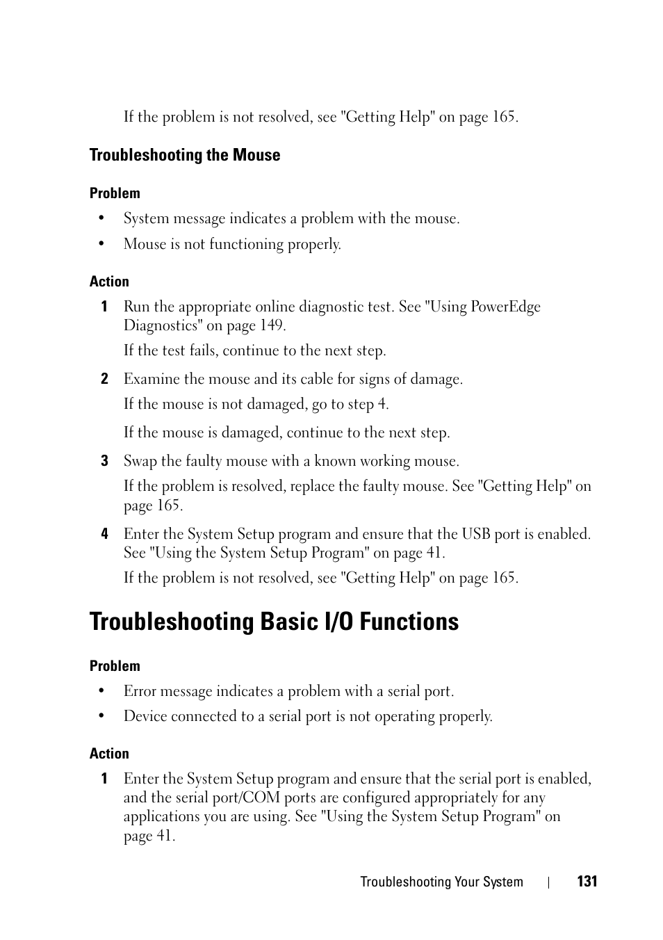 Troubleshooting the mouse, Troubleshooting basic i/o functions | Dell PowerEdge R900 User Manual | Page 131 / 190