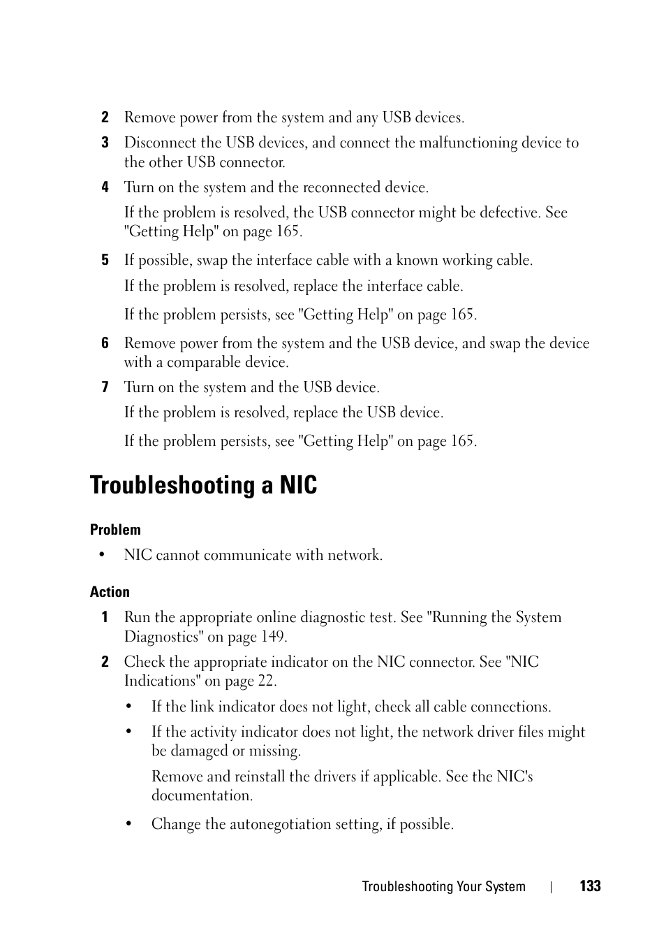 Troubleshooting a nic | Dell PowerEdge R900 User Manual | Page 133 / 190