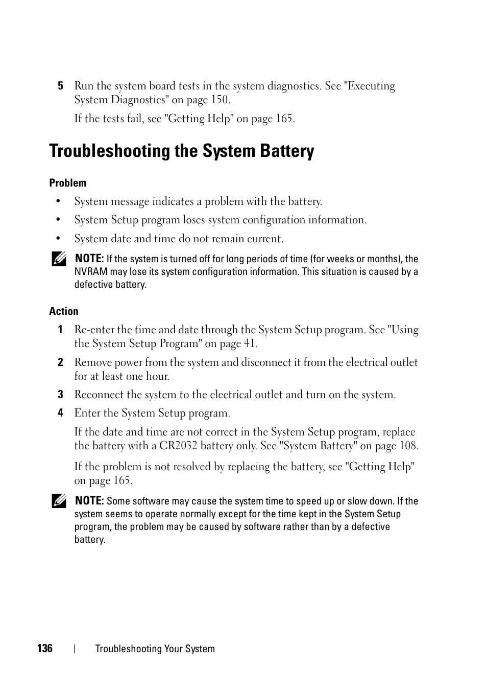 Troubleshooting the system battery, See "troubleshooting the, System battery" on | And "troubleshooting the | Dell PowerEdge R900 User Manual | Page 136 / 190