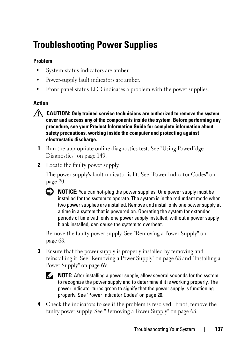 Troubleshooting power supplies, See "troubleshooting, Power supplies" on | Troubleshooting power, E "troubleshooting | Dell PowerEdge R900 User Manual | Page 137 / 190