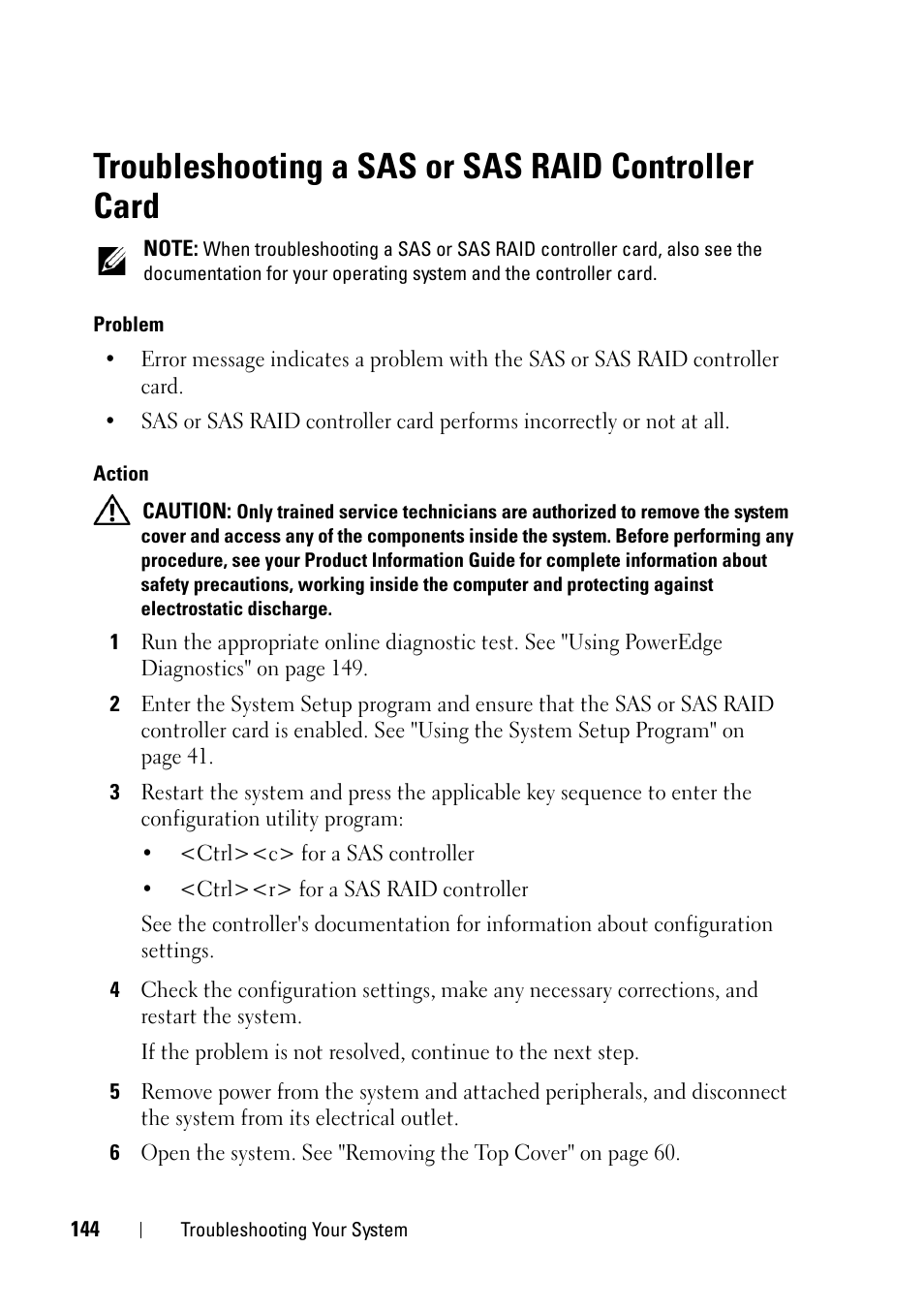 Troubleshooting a sas or sas raid controller card | Dell PowerEdge R900 User Manual | Page 144 / 190