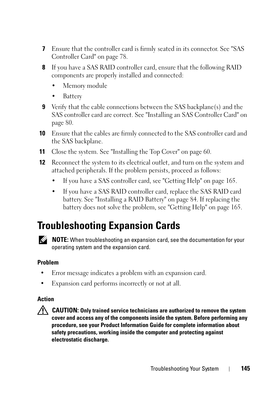 Troubleshooting expansion cards, Troubleshooting, Expansion cards" on | Dell PowerEdge R900 User Manual | Page 145 / 190