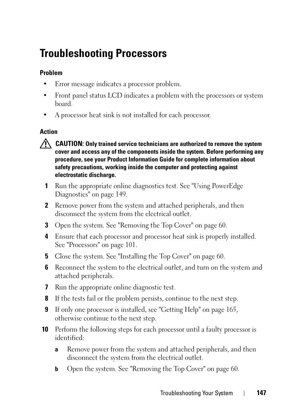 Troubleshooting processors, Troubleshooting, E "troubleshooting | Dell PowerEdge R900 User Manual | Page 147 / 190