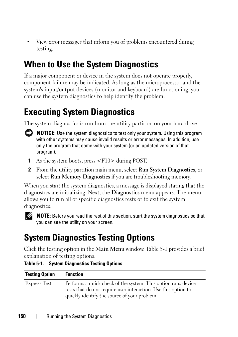 When to use the system diagnostics, Executing system diagnostics, System diagnostics testing options | See "executing | Dell PowerEdge R900 User Manual | Page 150 / 190