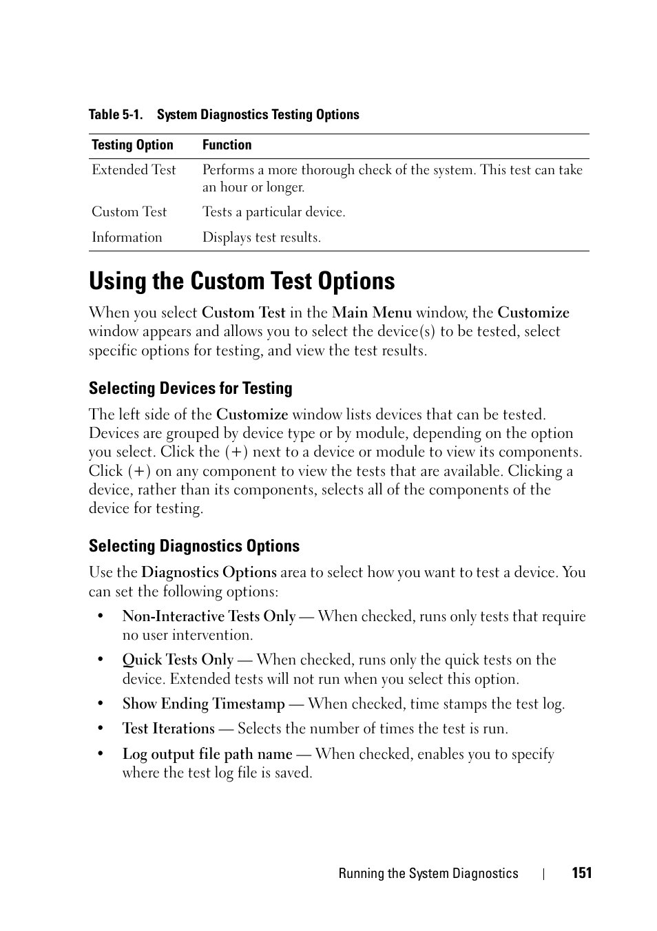 Using the custom test options, Selecting devices for testing, Selecting diagnostics options | Dell PowerEdge R900 User Manual | Page 151 / 190