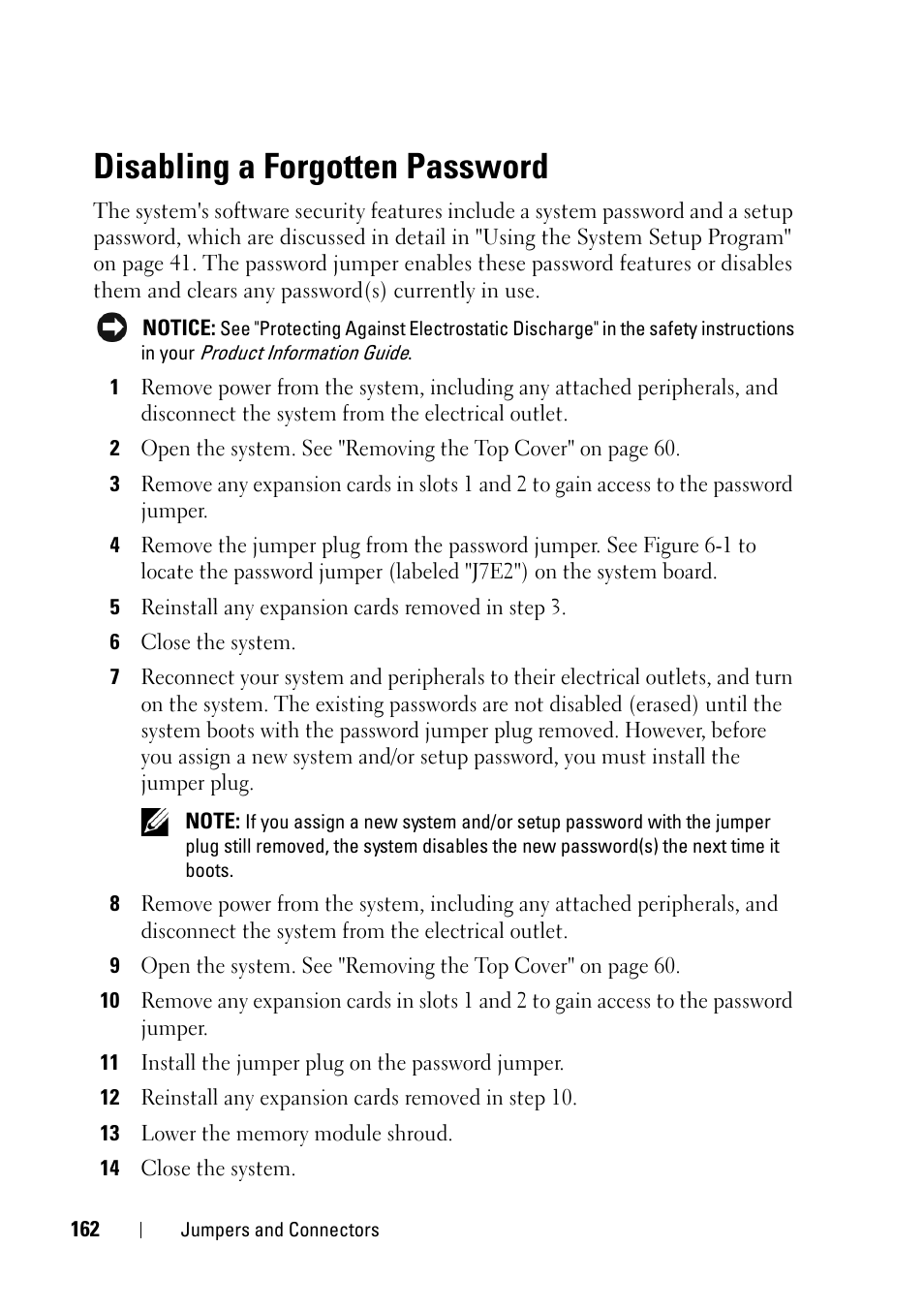 Disabling a forgotten password | Dell PowerEdge R900 User Manual | Page 162 / 190