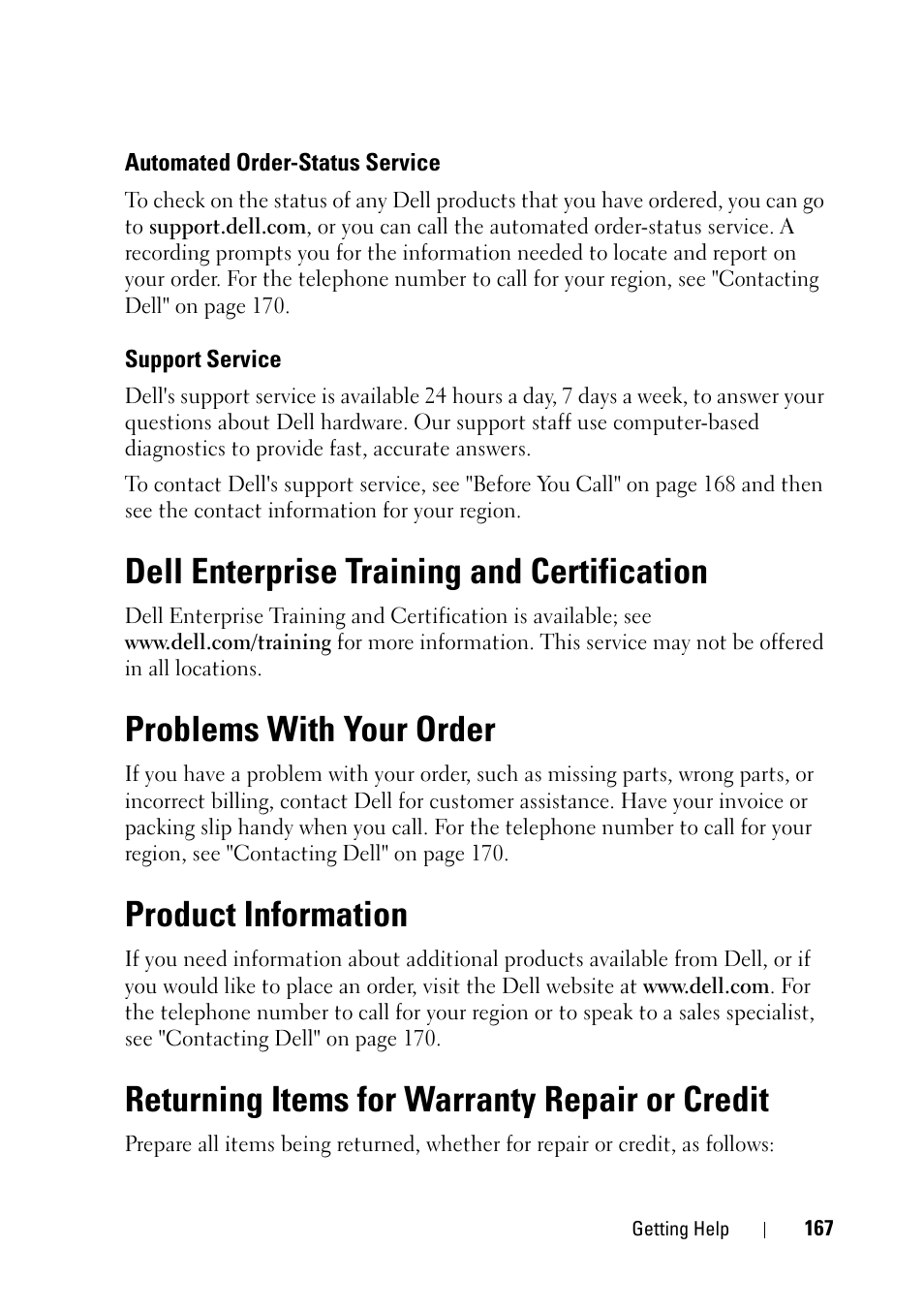 Automated order-status service, Support service, Dell enterprise training and certification | Problems with your order, Product information, Returning items for warranty repair or credit, Pport, see "support service" on | Dell PowerEdge R900 User Manual | Page 167 / 190