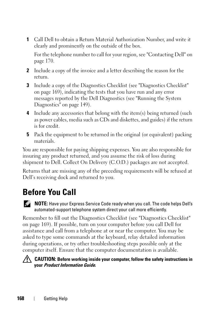 Before you call | Dell PowerEdge R900 User Manual | Page 168 / 190