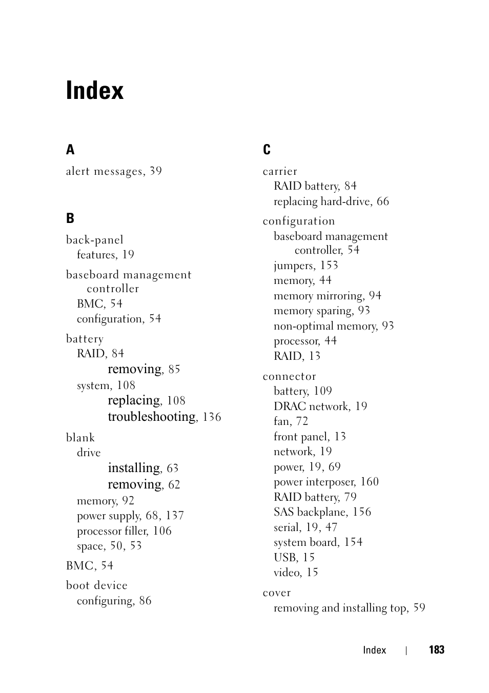 Index | Dell PowerEdge R900 User Manual | Page 183 / 190