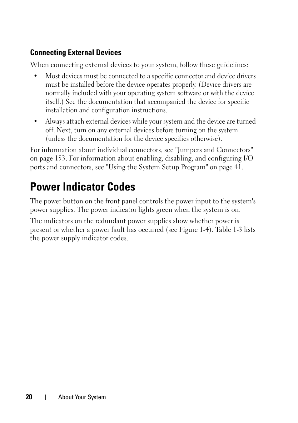 Connecting external devices, Power indicator codes | Dell PowerEdge R900 User Manual | Page 20 / 190