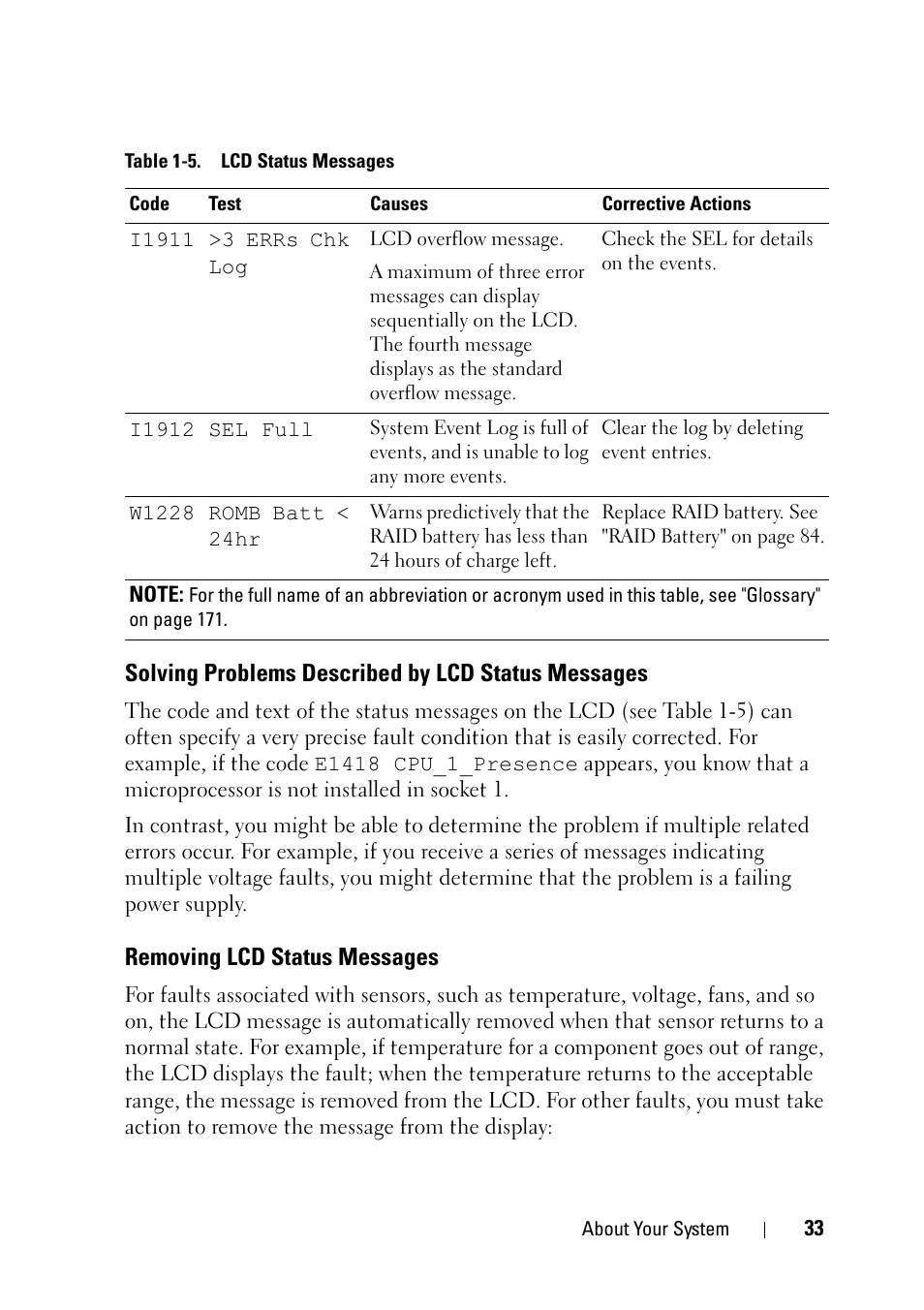 Solving problems described by lcd status messages, Removing lcd status messages | Dell PowerEdge R900 User Manual | Page 33 / 190