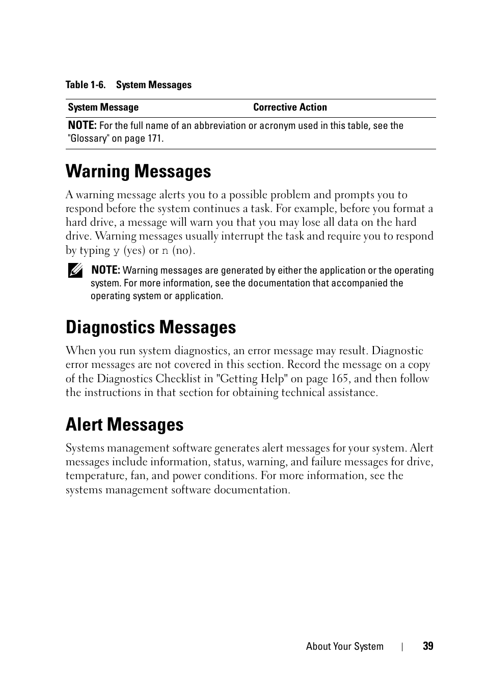 Warning messages, Diagnostics messages, Alert messages | Dell PowerEdge R900 User Manual | Page 39 / 190