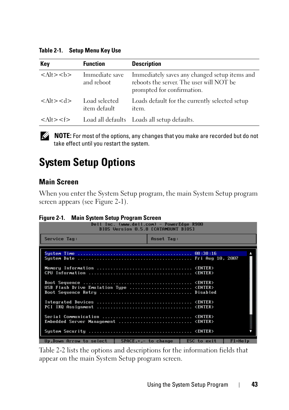 System setup options, Main screen | Dell PowerEdge R900 User Manual | Page 43 / 190