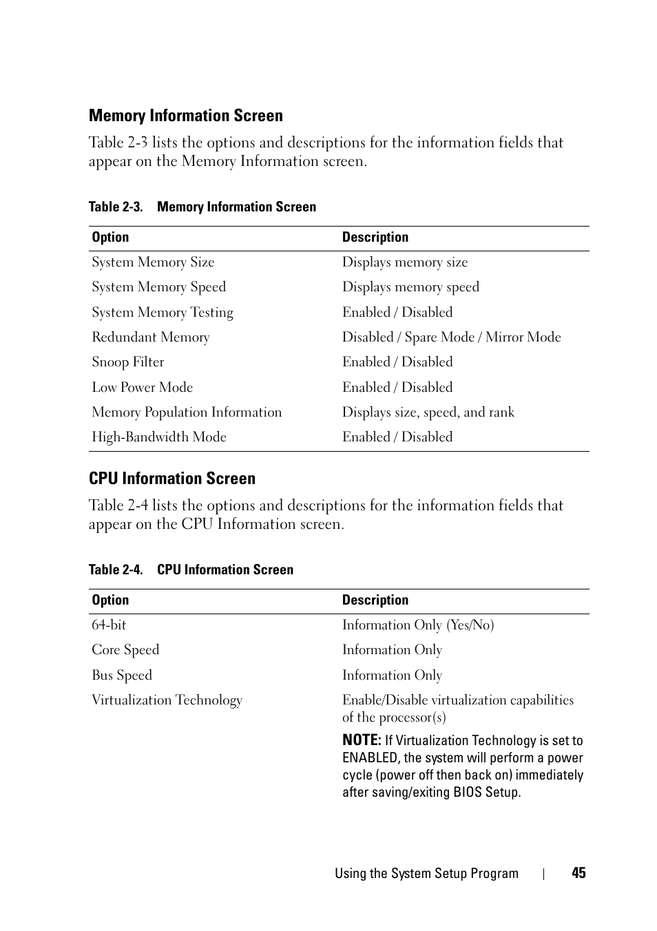 Memory information screen, Cpu information screen | Dell PowerEdge R900 User Manual | Page 45 / 190