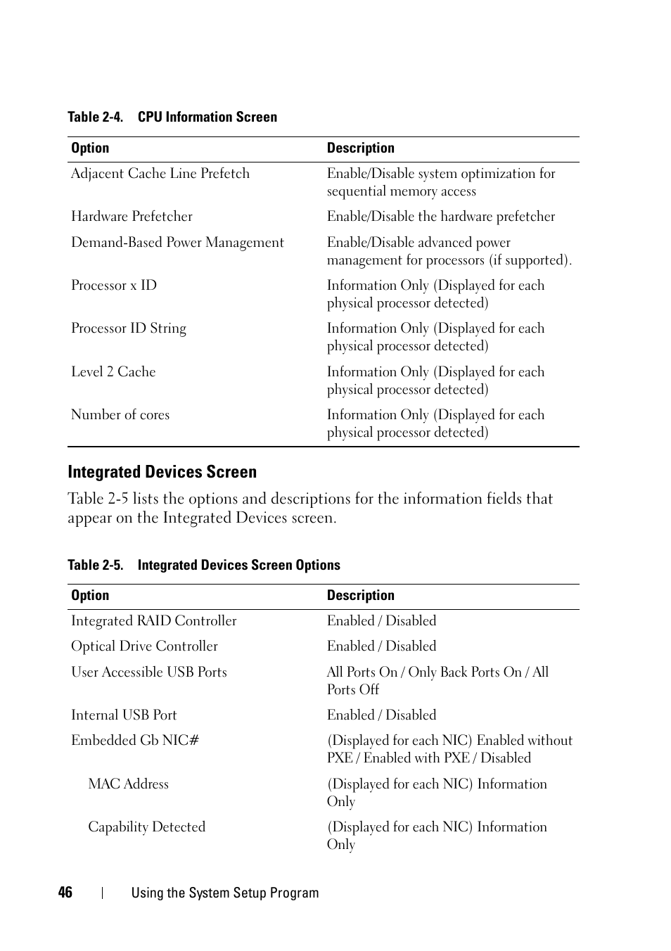 Integrated devices screen, E "integrated | Dell PowerEdge R900 User Manual | Page 46 / 190