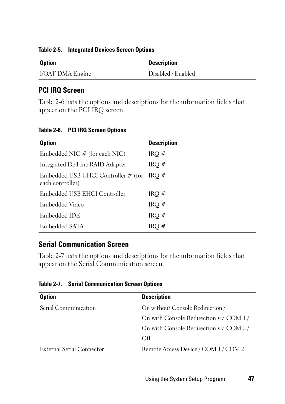 Pci irq screen, Serial communication screen, S. see "pci irq | E "serial communication screen" on | Dell PowerEdge R900 User Manual | Page 47 / 190