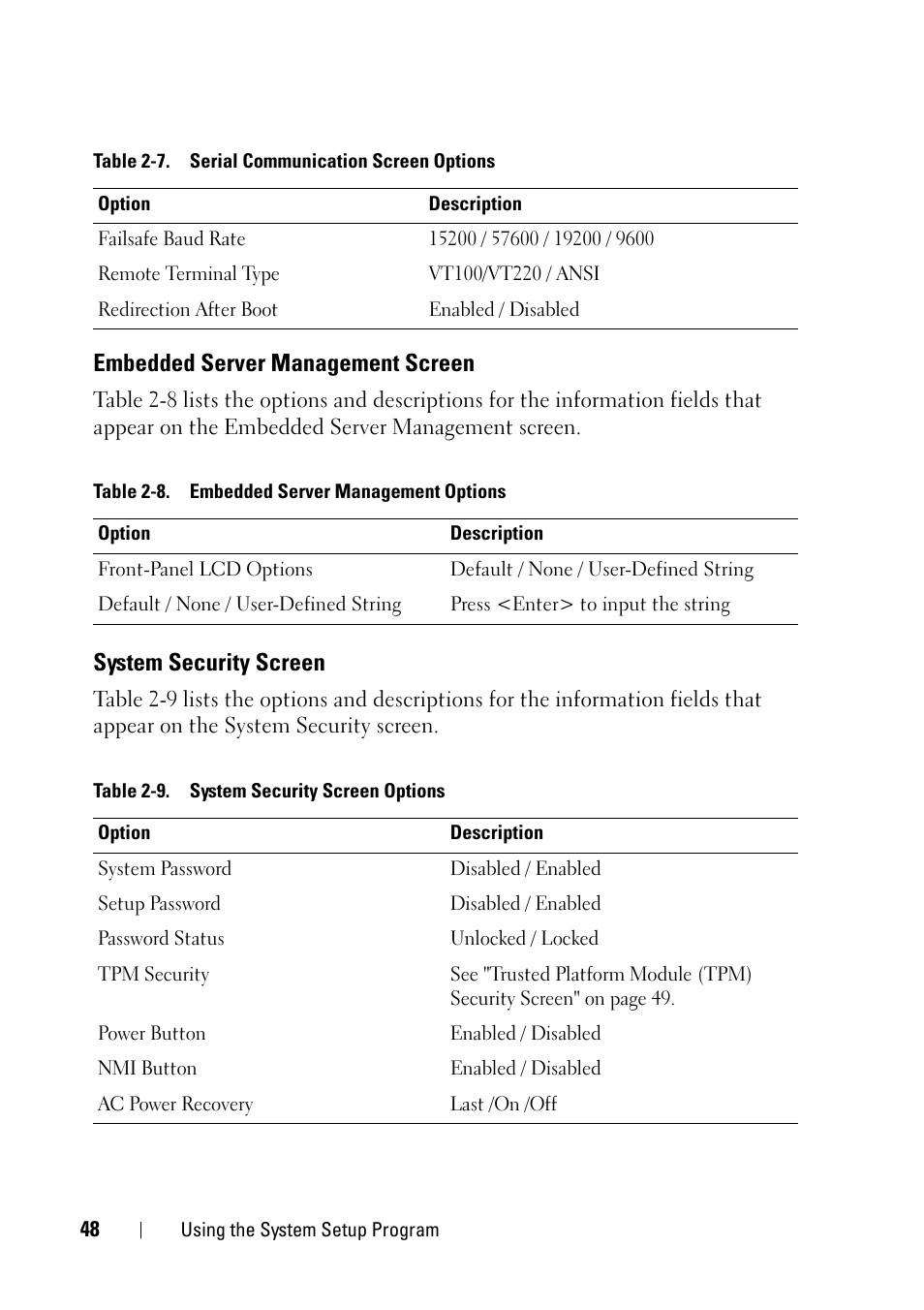 Embedded server management screen, System security screen, E "embedded server management | E "system | Dell PowerEdge R900 User Manual | Page 48 / 190