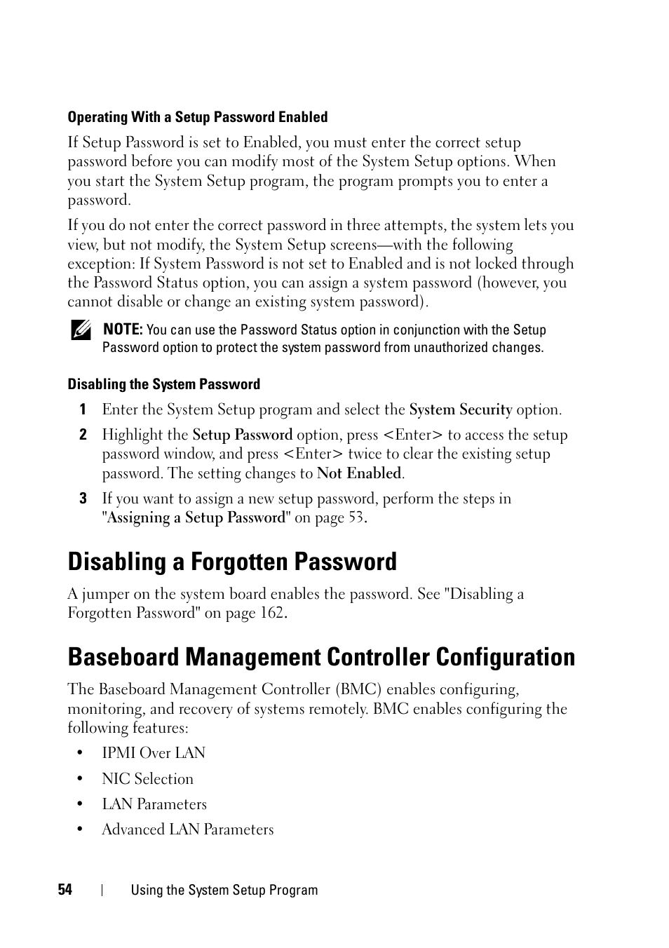 Disabling a forgotten password, Baseboard management controller configuration | Dell PowerEdge R900 User Manual | Page 54 / 190