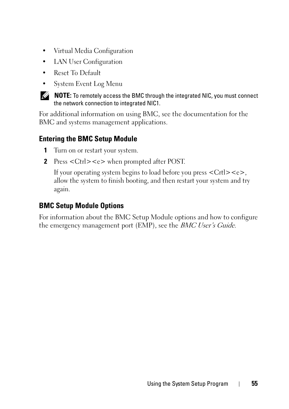 Entering the bmc setup module, Bmc setup module options | Dell PowerEdge R900 User Manual | Page 55 / 190