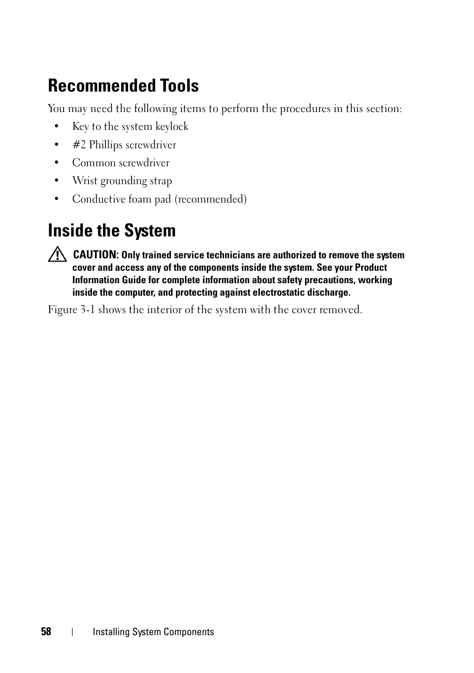 Recommended tools, Inside the system | Dell PowerEdge R900 User Manual | Page 58 / 190