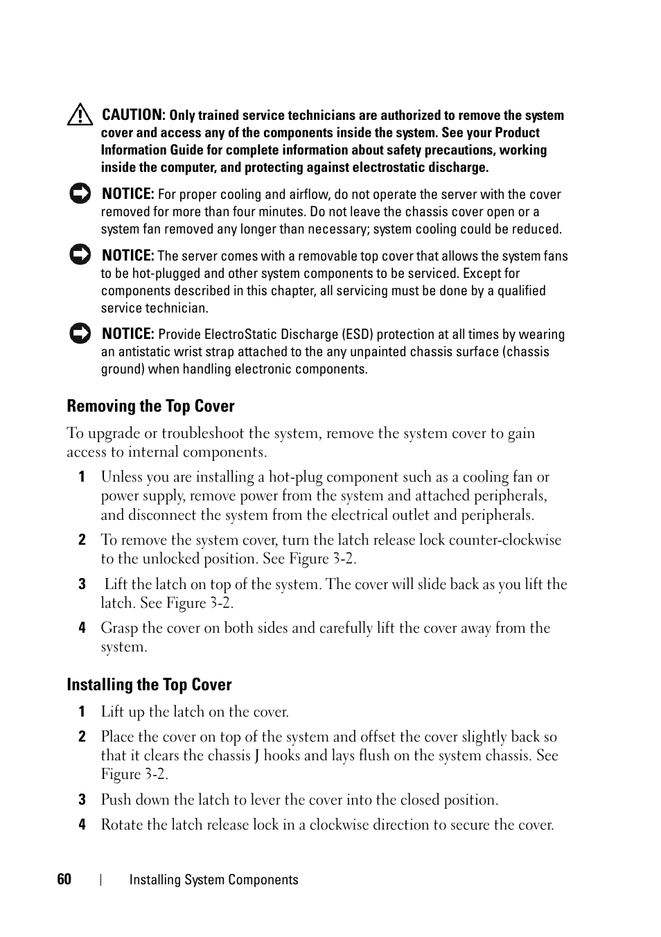 Removing the top cover, Installing the top cover | Dell PowerEdge R900 User Manual | Page 60 / 190